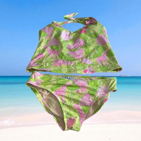 Lilly Pulitzer Pink and Green Bikini Vintage Tankini Set San Diego Zoo - Picture 1 of 2